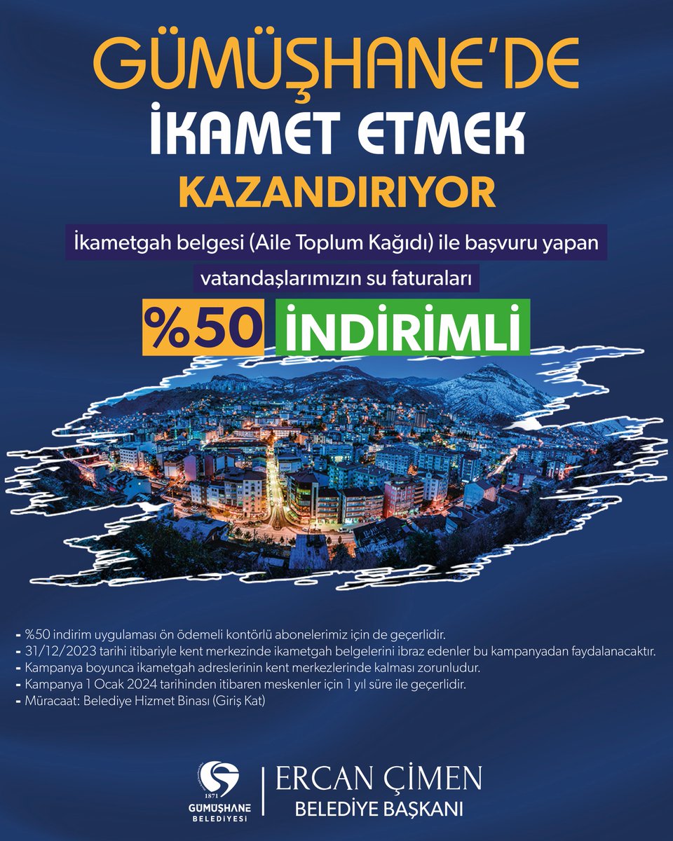ercancimen29's tweet photo. #Gümüşhane’mizde ikamet edenlere müjde🤗

Belediyemize ikametgah belgesi (Aile Toplum Kağıdı) ile başvuran vatandaşlarımızın su ücretleri yarı fiyatına 🙋‍♂️

Gümüşhane’miz için çalışıyoruz👋

#EsasOlanHizmettir
#SözVerdiğimizGibiYaptık
#GümüşhaneİçinCanlaBaşla https://t.co/fvZy0uqQlv