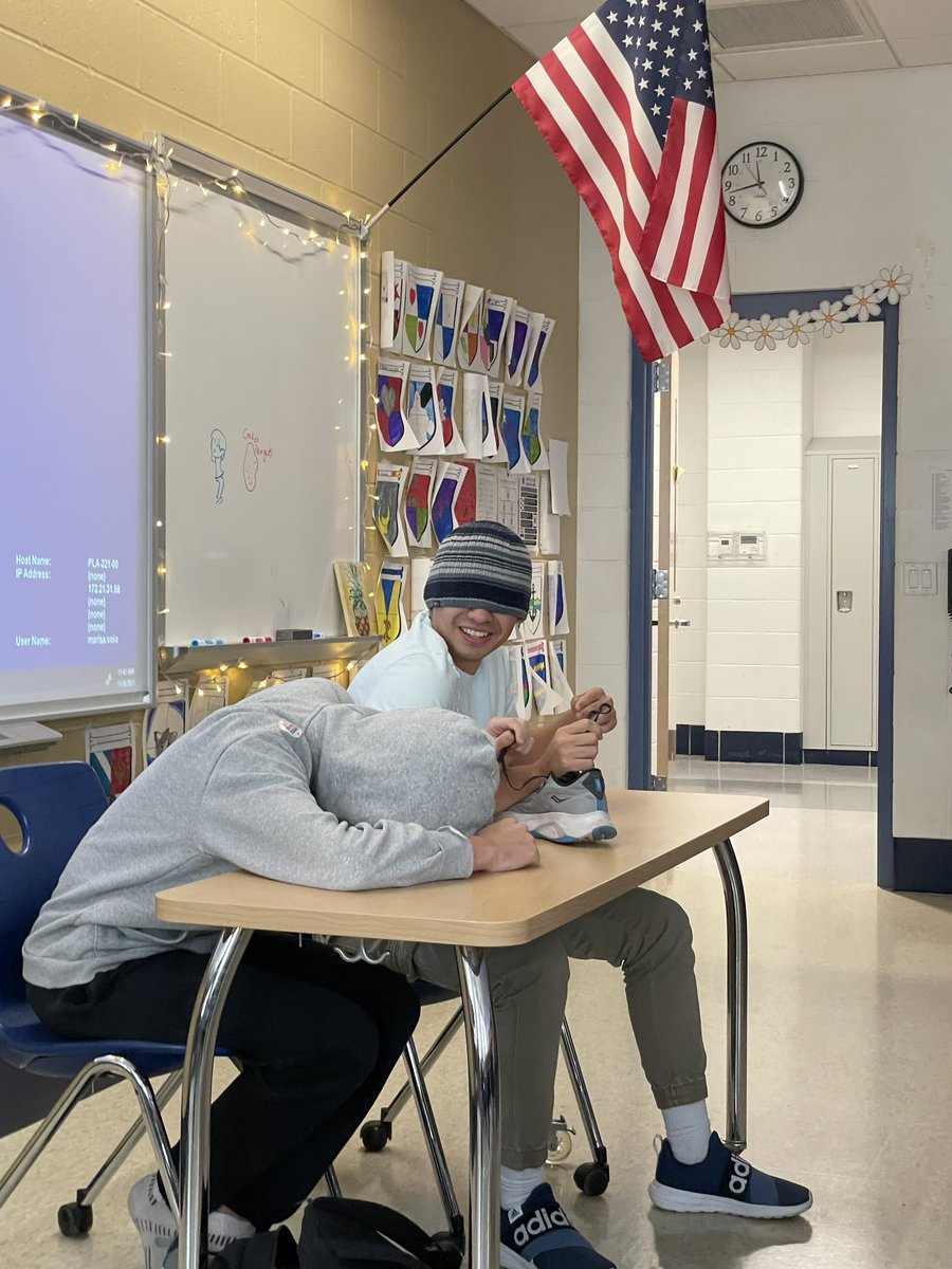 In AP Psychology today we learned how a split brain works! Students imitated the left &amp; right side of a brain w a severed corpus callosum &amp; had to complete tasks like folding a paper airplane, tying a shoe &amp; identifying a basic object w/o seeing and w compromised language access!