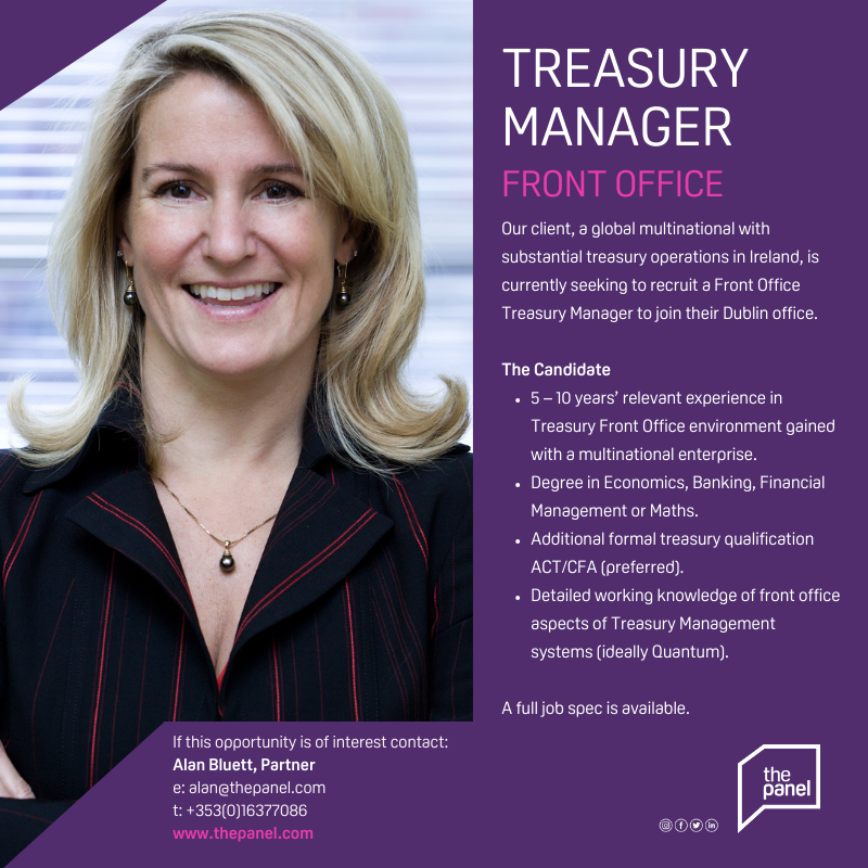 ThePanelDublin's tweet photo. Treasury Manager
(https://t.co/tgvPkUTcyK) role is currently available with our client, a global multinational.
For more information, contact Alan at alan@thepanel.com
#jobfairy #treasurymanager #treasury #frontoffice #economics #banking #ACT #CFA #treasurymanagement https://t.co/calJnY2ZkT