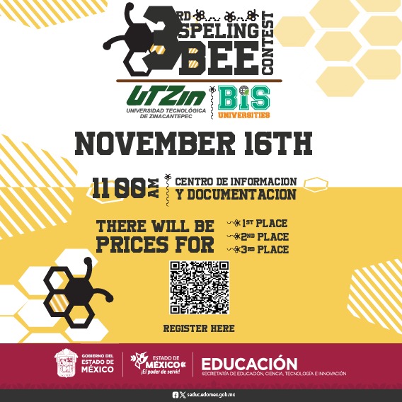 UTZin_oficial's tweet photo. Te invitamos a participar en el emocionante Concurso de Spelling Bee. Demuestra tus habilidades lingüísticas, deletrea palabras desafiantes, te esperamos este 16 de Noviembre a las 11 de la mañana en la biblioteca escolar, No faltes!!
#OrgulloUtzin
#SomosUtzin
#BISUniversities https://t.co/tmvL2rGNXx