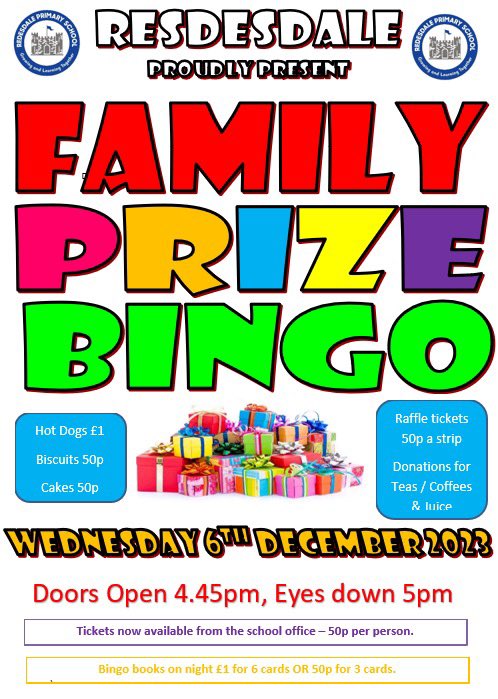 We are excited to announce the return of our Family Prize Bingo night on Wednesday 6th December 2023. Tickets now on sale from the school office. <a href="/RedesdalePrim/">Redesdale Primary</a> #RPScommunity