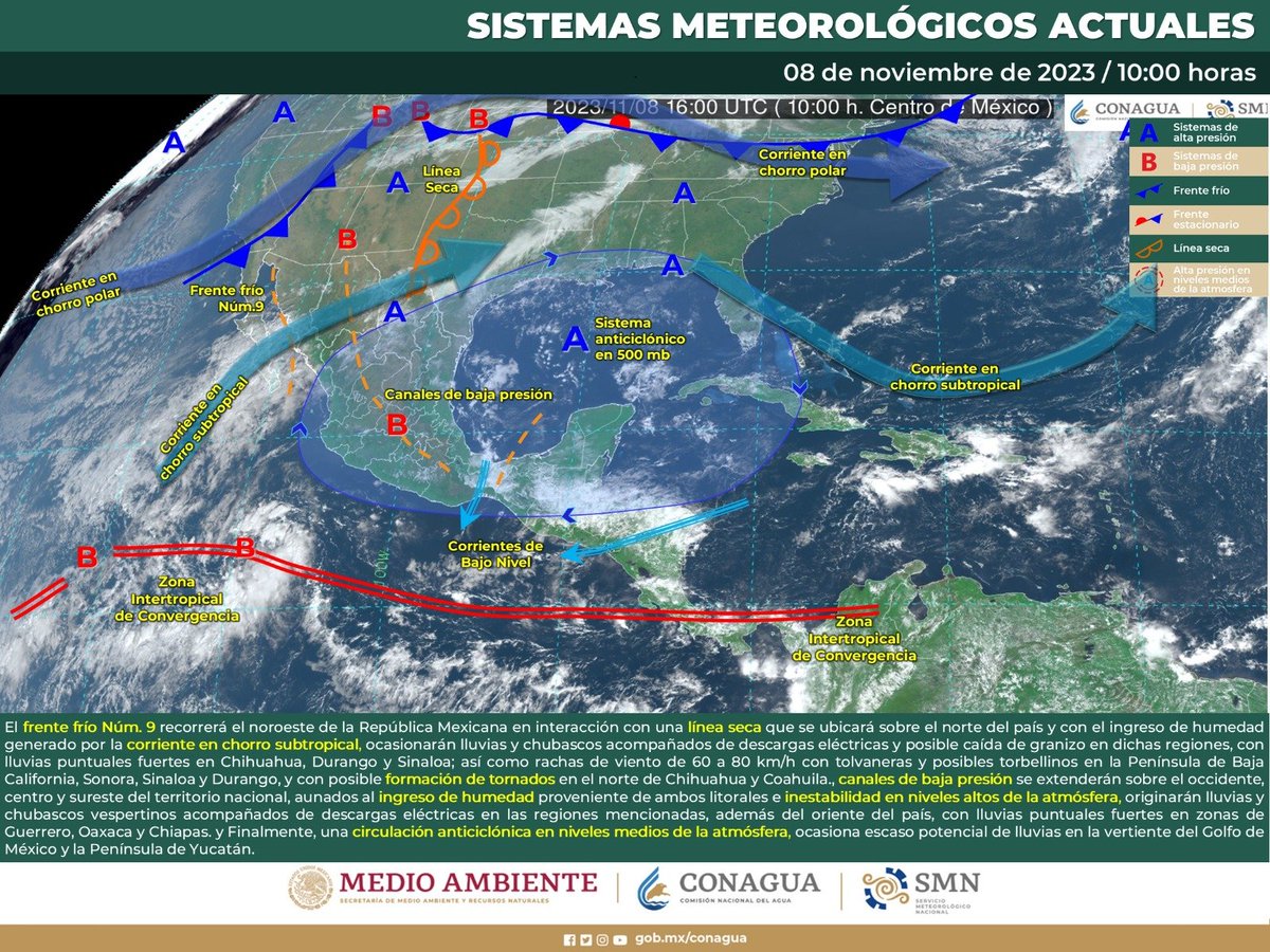 conagua_clima's tweet photo. En la imagen se describen los sistemas #Meteorológicos, que inciden actualmente en las condiciones del tiempo en #México ⬇️ https://t.co/hVB5r0Mgwe