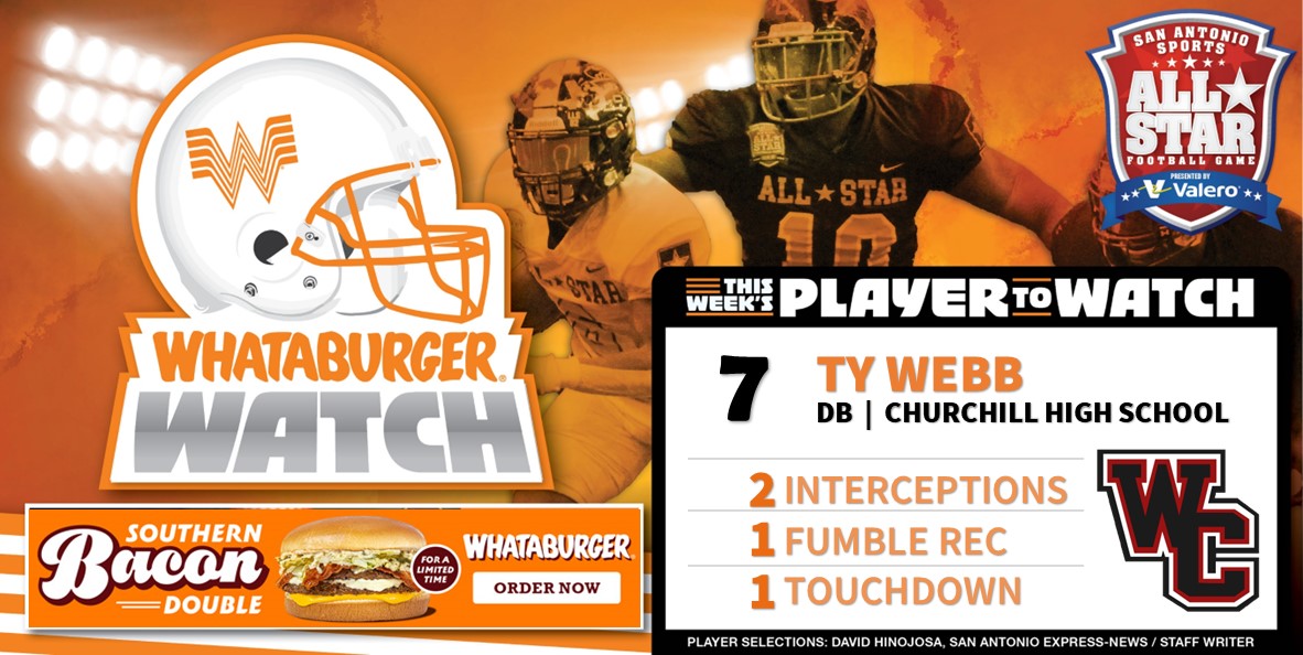 SA_Sports's tweet photo. . @Whataburger Watch - Week Eleven Honoree
Highlighting some of the top talent in Greater SA!

Ty Webb
DB Churchill High School
2 Interceptions
1 Fumble Recovery
1 Touchdown

#WhataburgerWatch #txhsfb #SASAllStarGame https://t.co/I5y6a6Be9p