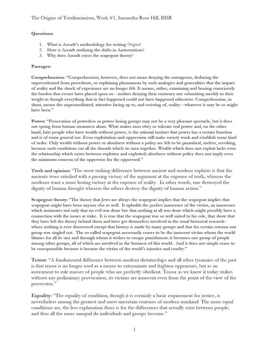 Thread. I finished teaching Hannah Arendt's Origins of Totalitarianism last night. I shared the handout for week three on imperialism. Here are the handouts for weeks one and two on antisemitism, racism and power politics. As we finished class I kept thinking about two things.