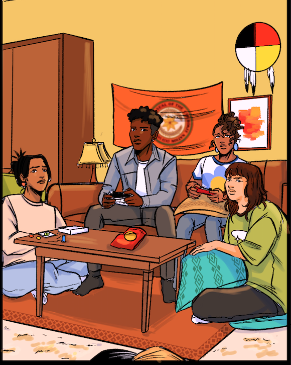 spacejamkamart's tweet image. A fav thing while illustrating my comic for Indigenerds was drawing these moments. I loved drawing a diverse group of Native bffs together! They're great, even when they're giving side eye for a year's worth of moping &amp;amp;running late to the Grand Entry😂#indiginerds #indigenovember