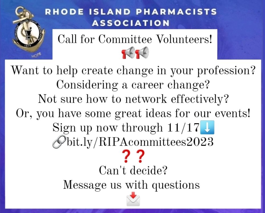 RIPA is back into the swing of things this Fall &amp; looking for some committee help!

📝Sign up now through 11/17!
🔗bit.ly/RIPAcommittees…

#ri_pharmacists #pharmacystudents #pharmacytechs

<a href="/pharmacists/">American Pharmacists Association</a> <a href="/URI_Pharmacy/">URI Pharmacy</a> <a href="/PharmDPubHealth/">Home of The Regimen Podcast</a> <a href="/CFedRx/">Chris Federico PharmD, BCACP, CDE</a> <a href="/TheRiteG/">Ginger Lemay</a> <a href="/jefbratberg/">Jeffrey Bratberg, PharmD, FAPhA</a> <a href="/potterlacroix/">Matt</a>