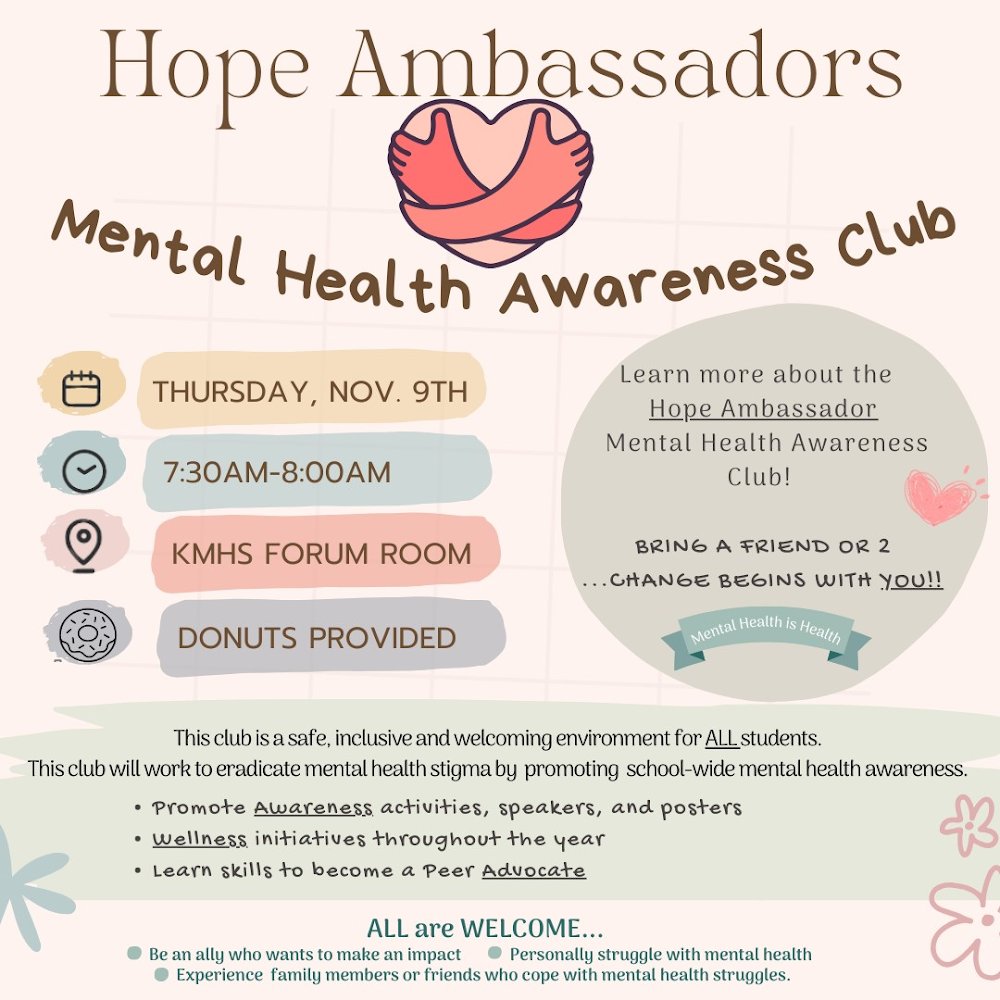 KMHS Counseling Office (@kmhsguidance) on Twitter photo New Club at <a href="/KMKometsHS/">KassonMantorville HS</a> starting tmrw!
Hope Ambassadors: Mental Health Awareness Club 730am in the Forum Rm. Free Donuts, Juice, and a little bit of fun too : ) No obligation to join, come see what we're all about. <a href="/KM_Activities/">KM Activities</a> <a href="/AidansLight74/">Aidan’s Light</a> New Club at <a href="/KMKometsHS/">KassonMantorville HS</a> starting tmrw!
Hope Ambassadors: Mental Health Awareness Club 730am in the Forum Rm. Free Donuts, Juice, and a little bit of fun too : ) No obligation to join, come see what we're all about. <a href="/KM_Activities/">KM Activities</a> <a href="/AidansLight74/">Aidan’s Light</a>