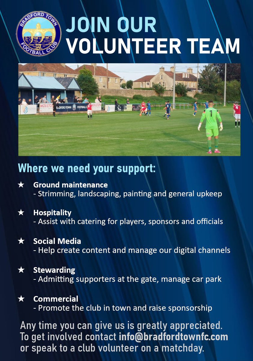 BradfordTownFC's tweet image. WE NEED YOU👇

Anyone who wishes to get involved with the club, we have plenty of volunteering roles available. 

Get in contact with info@bradfordtown.com or speak with a committee member to register your interest. 💙