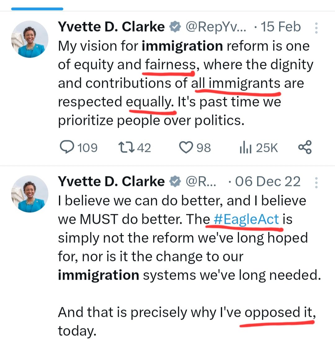 ShadesOfBlueAn1's tweet photo. Hypocrisy in two tweets.

Courtesy: @RepYvetteClarke wrt #greencardbacklog https://t.co/2JVayBxn8T