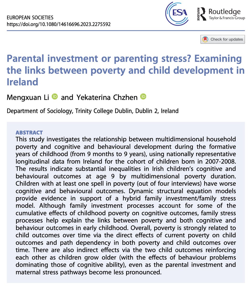 📢First paper of my thesis is out <a href="/EuroSocieties1/">European Societies</a>! We (w/<a href="/kat_chzhen/">Kat Chzhen</a>) model the mechanisms of multidimensional poverty for both cognitive and behavioural development in early to middle childhood. Read more here: tandfonline.com/doi/full/10.10…
<a href="/GrowingUpIre/">GrowingUpinIreland</a> <a href="/TCDsociology/">TCD Sociology</a>
