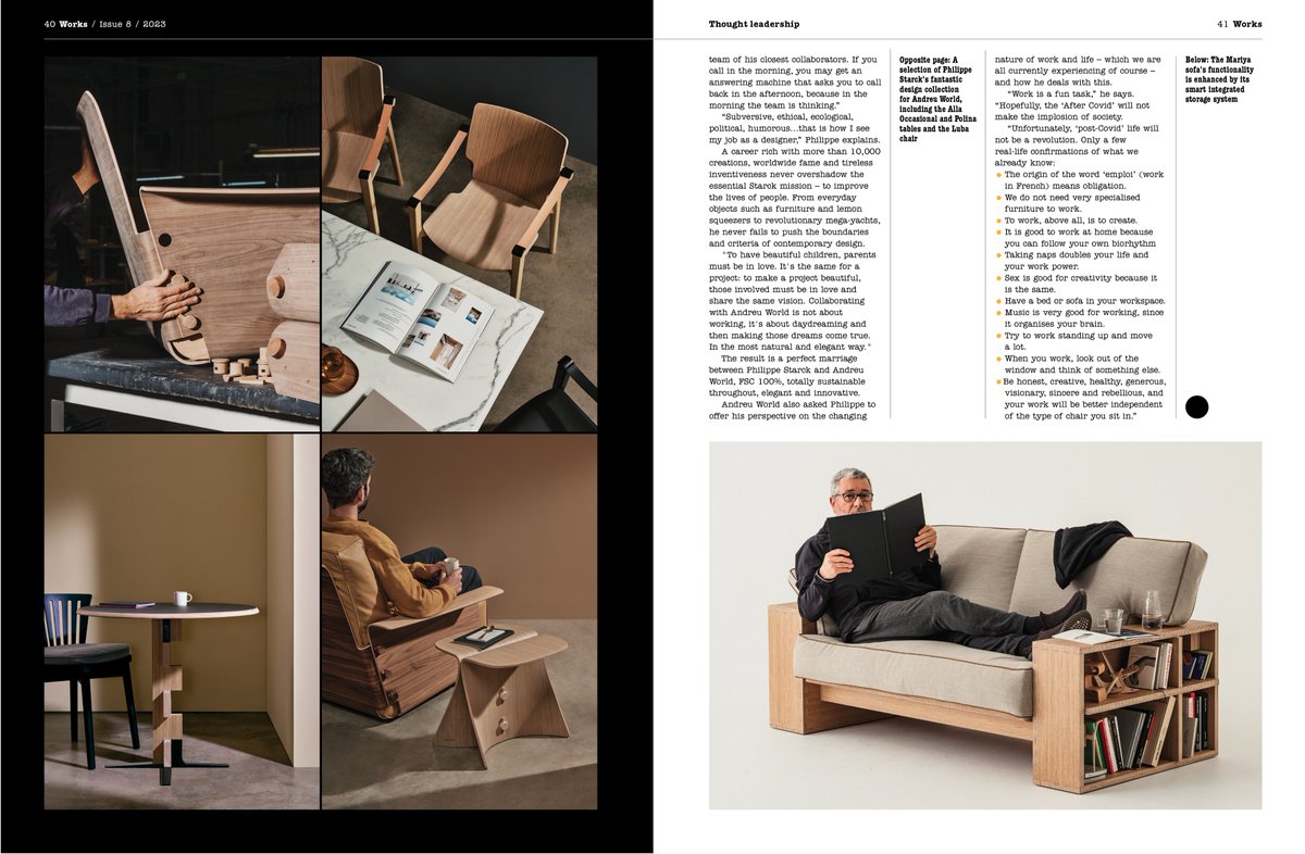 The latest issue of @works_mag is out! Cover story: Philippe Starck for @AndreuWorld #workplace #design #furnituredesign #magazinedesign Published by @InsightOnWork Editor @mick_works Art director @Patrick_Myles. Printed by @PureprintGroup #print