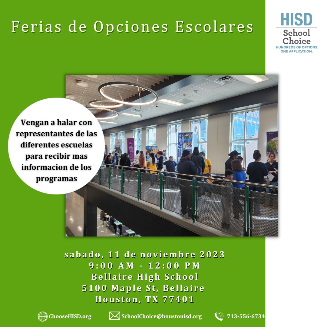 HISD Strategy and Innovation (@hisdinnovation) on Twitter photo Meet us at the School Choice Fair, Saturday, November 11, 2023, <a href="/BellaireHigh/">Bellaire High School</a>, from 9am-12pm. Meet with staff to get more information about their programs! @HISDChoice <a href="/HoustonISD/">Houston ISD</a> Meet us at the School Choice Fair, Saturday, November 11, 2023, <a href="/BellaireHigh/">Bellaire High School</a>, from 9am-12pm. Meet with staff to get more information about their programs! @HISDChoice <a href="/HoustonISD/">Houston ISD</a>