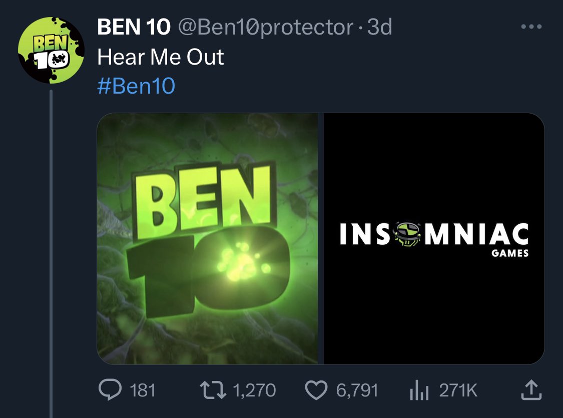 Ben10protector's tweet photo. This is officially my most viewed tweet yet, since I don’t usually get this much of views I have a feeling that this means the world Will really be happy if this becomes a thing @insomniacgames @CNGames
#Ben10 #InsomniacGames https://t.co/ESHWRXY884