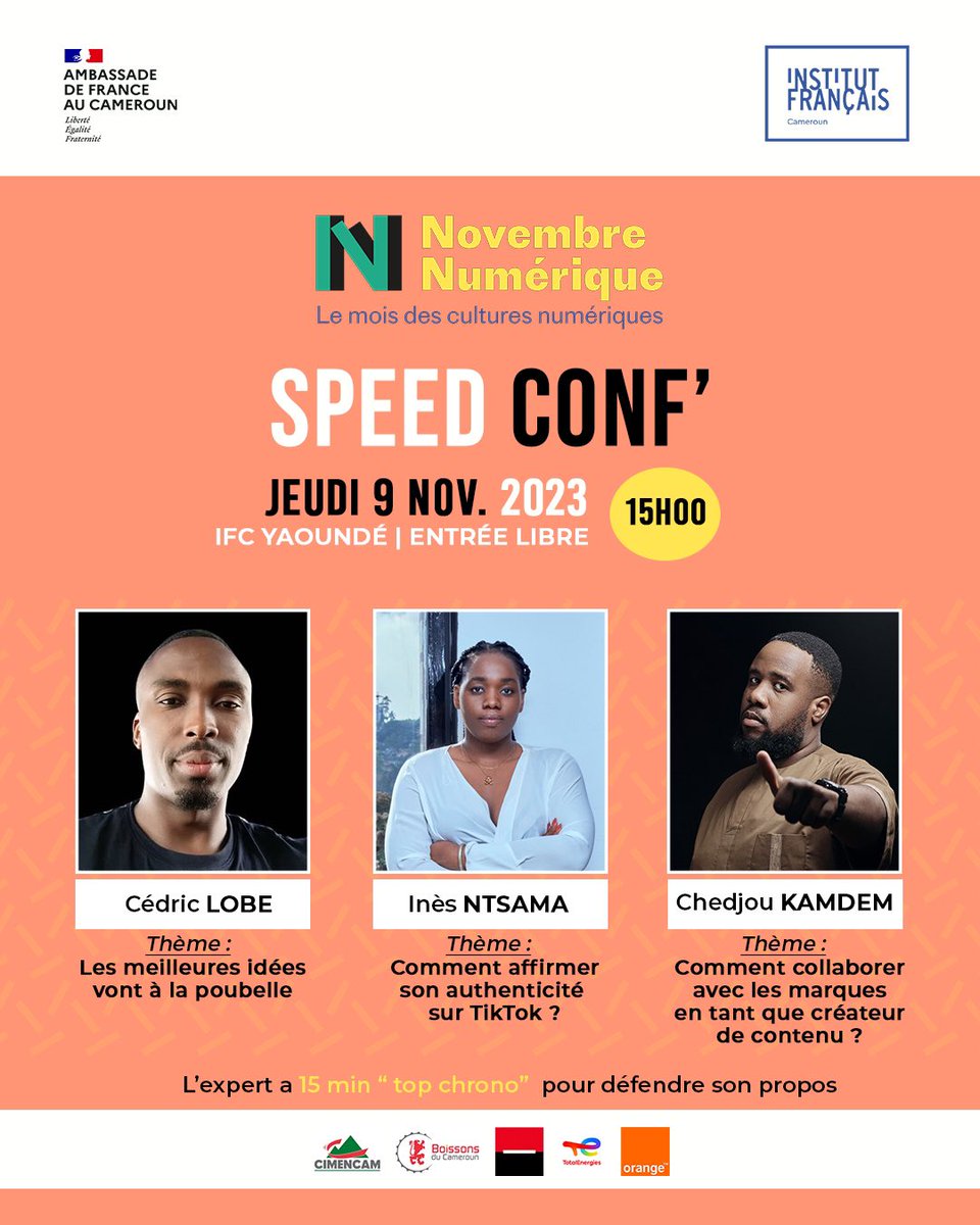 💡À NE PAS MANQUER DEMAIN ❕

Les “Speed Conf’ marquent leur retour ce jeudi 9 novembre 2023 à 15h00 dans la médiathèque de l’IFC Yaoundé. En plat de résistance, 3 thèmes intéressants.

Entrée libre et gratuite !

Intervenants : <a href="/chedjoukm/">Chedjou Kamdem</a> <a href="/Ntsama29/">Inès NTSAMA</a> et Cédric Lobe