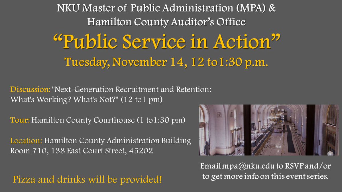 📣📣The "Public Service in Action" event sponsored by the NKU MPA program and the Hamilton County Auditor's Office will take place on Tuesday, November 14, from 12 to 1:30 pm, at the Hamilton County Administration Building🏛️RSVP to mpa@nku.edu so there is a count for the FREE 🍕