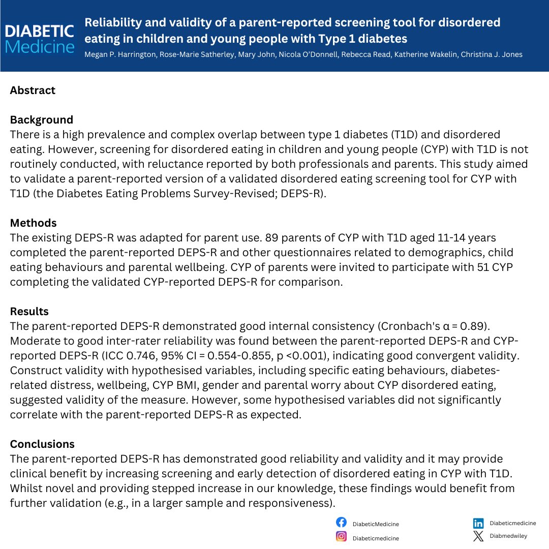 Reliability and validity of a parent-reported screening tool for disordered eating in children and young people with Type 1 diabetes by Megan P. Harrington.

🔗doi.org/10.1111/dme.15…

#t1diabetes #type1diabetes #disorderedeating