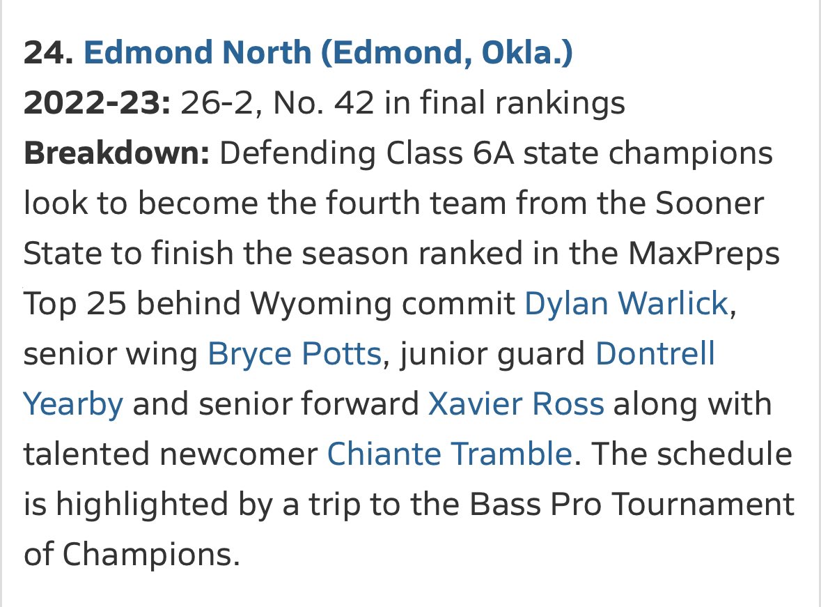 One representative from #OKPreps in the MaxPreps Basketball Top 25

 <a href="/ENHSHuskyBall/">Edmond North Men's Basketball</a> start the season ranked 24th nationally. The Huskies are looking to become State Champs in 6A for the third consecutive year.