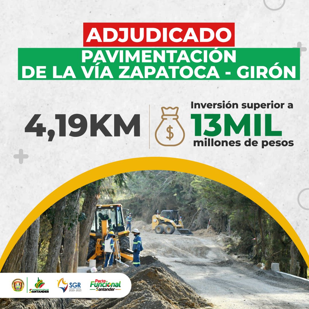 MAguilarHurtado's tweet photo. 🚧¡Buenas noticias para los santandereanos! Adjudicamos la pavimentación de 8 km de El Carmen - Yarima y 4,19 km de la vía Zapatoca - Girón, que nos permitirán fortalecer estos importantes corredores turísticos, agroforestales y energéticos.

Con una inversión que supera los 42 mil millones de pesos a través del #PactoFuncionalSantander y @Regalias_gov lo haremos realidad.

#LeEstamosCumpliendoASantander con el mejoramiento de nuestra red vial secundaria para el desarrollo y la competitividad del departamento.