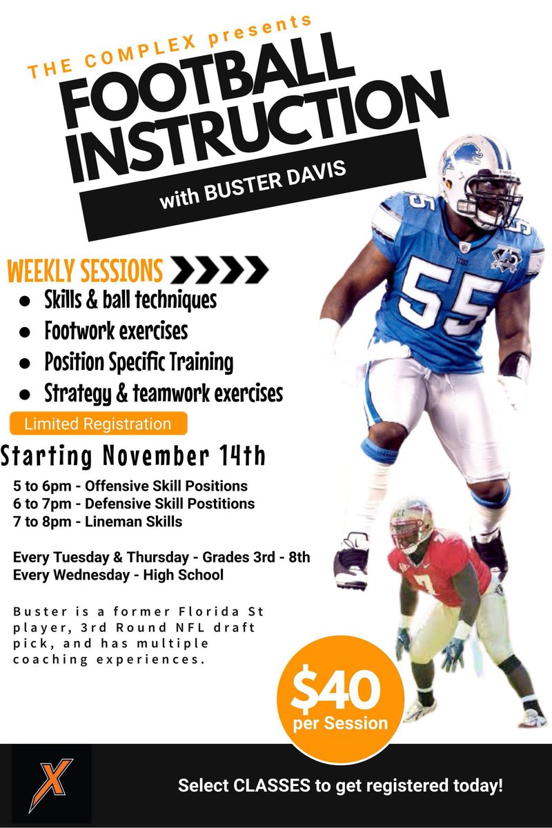 The_WestComplex's tweet photo. We are excited to announce that we will be teaming up with former NCAA All-American (FSU) and 3rd Round NFL draft pick @busterdavis7 to offer individual football instruction. Registration can only be done by clicking CLASSES in the link below 🏈

https://t.co/krxV6A63LR https://t.co/T1Xs3a8DLQ