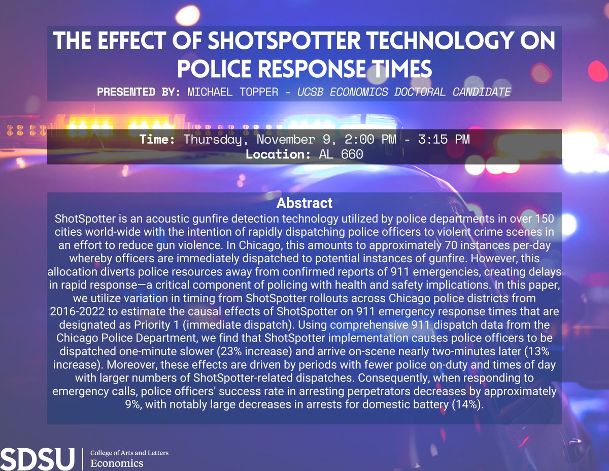 SdsuEcon's tweet image. Please join us in welcoming Michael Topper from UCSB to present "The Effect of ShotSpotter Technology on Police Response Times". The presentation will be held tomorrow, November 9th in Arts &amp;amp; Letters 660 from 2PM-3:15PM.
michaeltopper.netlify.app