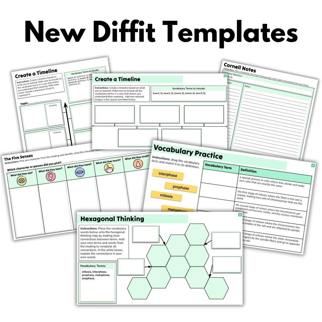 DiffitApp's tweet photo. Have you seen our latest templates? 

Try them today at https://t.co/ZS2JqSofJv! 

#aiintheclassroom #aitoolsforteachers #edtech #teachersoftwitter https://t.co/F4yjXNWyLD