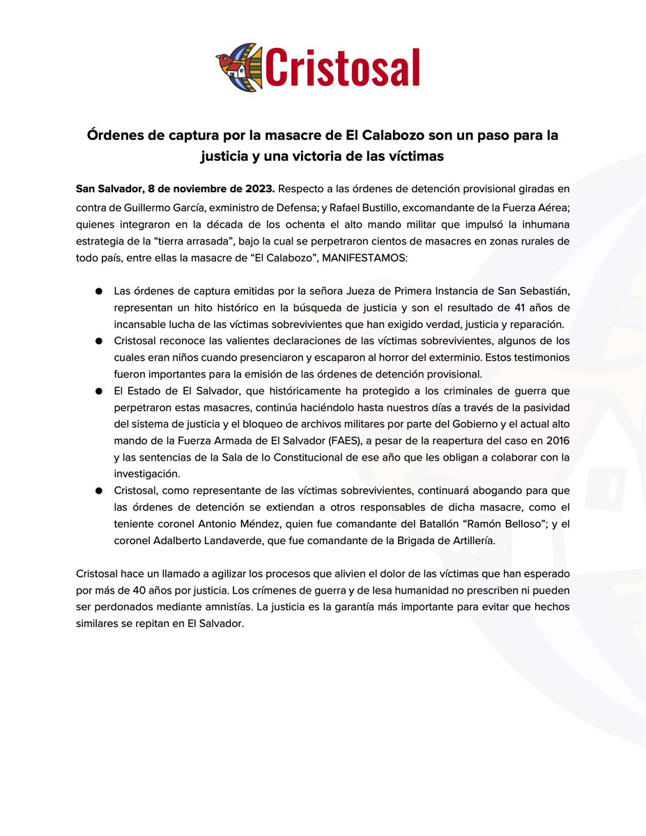 #Comunicado | Las órdenes de captura por la masacre de El Calabozo representan un hito histórico en la búsqueda de justicia y son el resultado de 41 años de incansable lucha de las víctimas sobrevivientes. 🧐👇#NoMásRetrasoDeJusticia