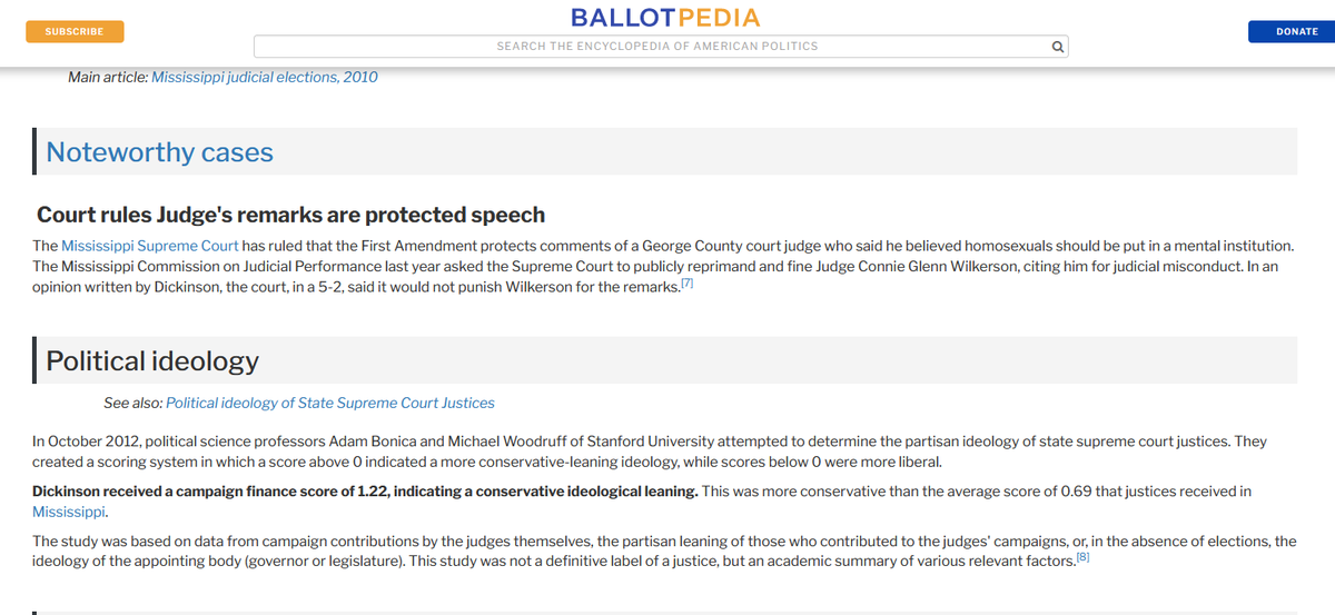 @notcapnamerica Senior Status Judge Jess Dickinson, the Mississippi judge who denied a request for polls to stay open until 9 pm, has some rather interesting things on his Ballotpedia page: