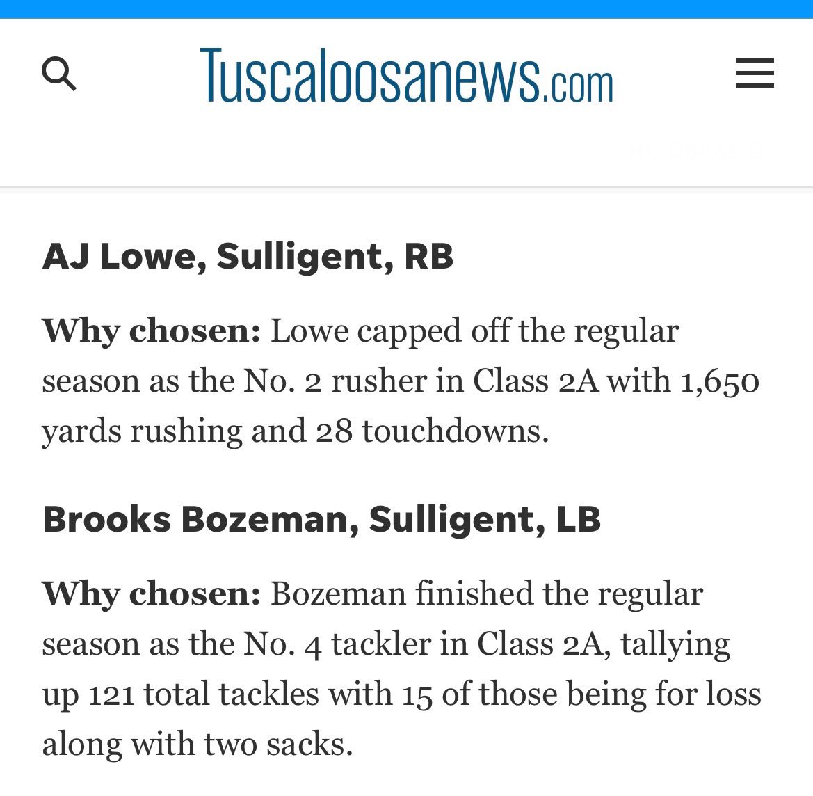 SulligentFTBL's tweet photo. Congratulations to Senior DE @Keegan5218 Junior RB @Aj_lowe13 and Junior ILB @brooks_bozeman for making the @tuscaloosanews AHSAA Playoff Players to Watch list!

@annaesnyder2 @DownSouthFb1 @BamaHSNews @ScoutWatcher @AL_Recruiting @PrepRedzoneAL @PrepsNet @aldotcomPreps https://t.co/FaYTjnYXEM