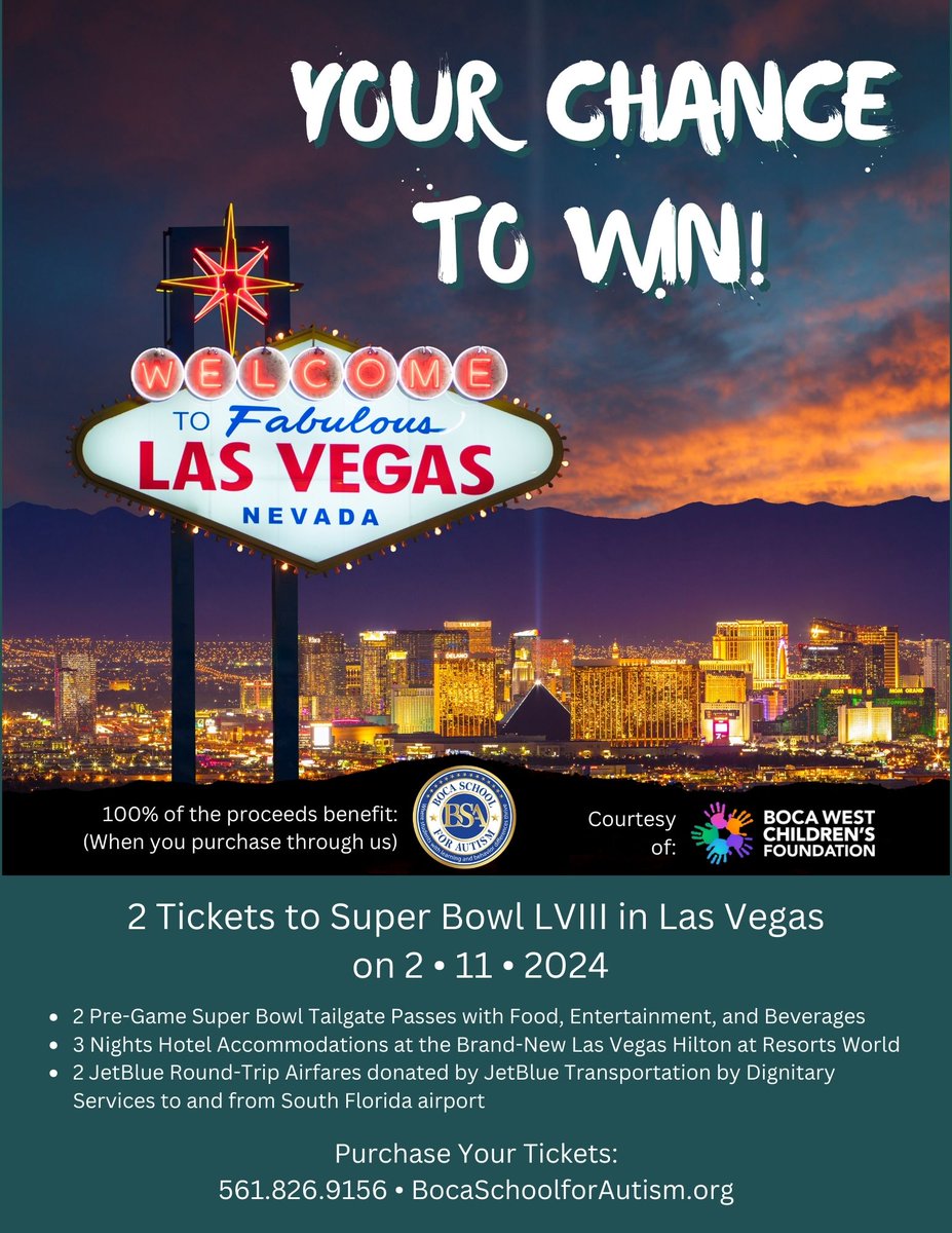 Unicorn Children's Foundation (@ucfoundation) on Twitter photo Viva Las Vegas!
Your chance to win fabulous prizes and to help provide an exemplary education for students with learning and behavior differences courtesy of <a href="/BocaWestFDN/">Boca West Foundation</a> !
bocaschoolforautism.org/your-chance-to…
#superbowl #lasvegas #bocaschoolforautism Viva Las Vegas!
Your chance to win fabulous prizes and to help provide an exemplary education for students with learning and behavior differences courtesy of <a href="/BocaWestFDN/">Boca West Foundation</a> !
bocaschoolforautism.org/your-chance-to…
#superbowl #lasvegas #bocaschoolforautism