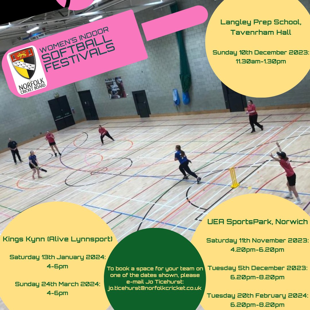 NorfolkCBWandG's tweet photo. 🏏Women's Indoor Softball Festivals🏏

Spaces still available!
Open to ALL women's teams
Teams of 6
Various locations, date and times (see attached poster)

To book e-mail Jo Ticehurst:
📧jo.ticehurst@norfolkcricket.co.uk

#WomensCricket #SoftballCricket #IndoorCricket #Softball https://t.co/EIxRltUB7J