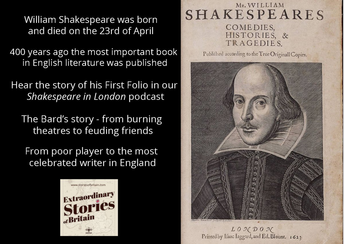 storiesbritain's tweet photo. November 8th, 2023 marks the 400th anniversary of the publication of Shakespeare’s First Folio. Hear the story of the Bard and the events that led to the publication of the Folio in our podcast. Listen here: https://t.co/uEYhpqHWj0  @BBGuides #FirstFolio #Shakespeare https://t.co/V9PeqisB43