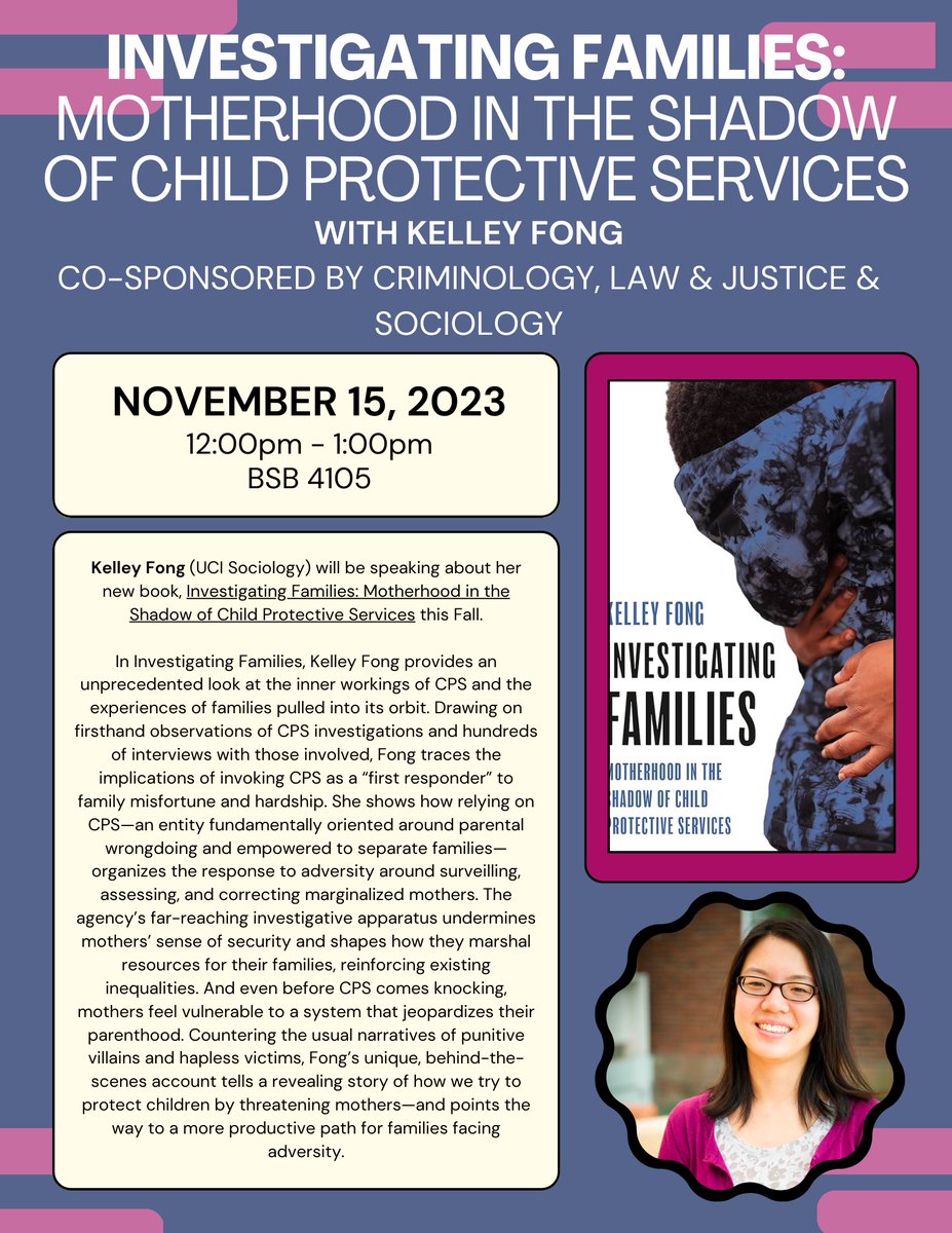 UIC Sociology (@uicsoc) on Twitter photo Next Wednesday, 11/15! Join us, together with @uicclj, in welcoming <a href="/UCIsociology/">UC Irvine Sociology</a>'s Kelley Fong for a talk on their book, Investigating Families: Motherhood in the Shadow of Child Protective Services.
Don't miss our second to last colloquium as the semester winds down! Next Wednesday, 11/15! Join us, together with @uicclj, in welcoming <a href="/UCIsociology/">UC Irvine Sociology</a>'s Kelley Fong for a talk on their book, Investigating Families: Motherhood in the Shadow of Child Protective Services.
Don't miss our second to last colloquium as the semester winds down!