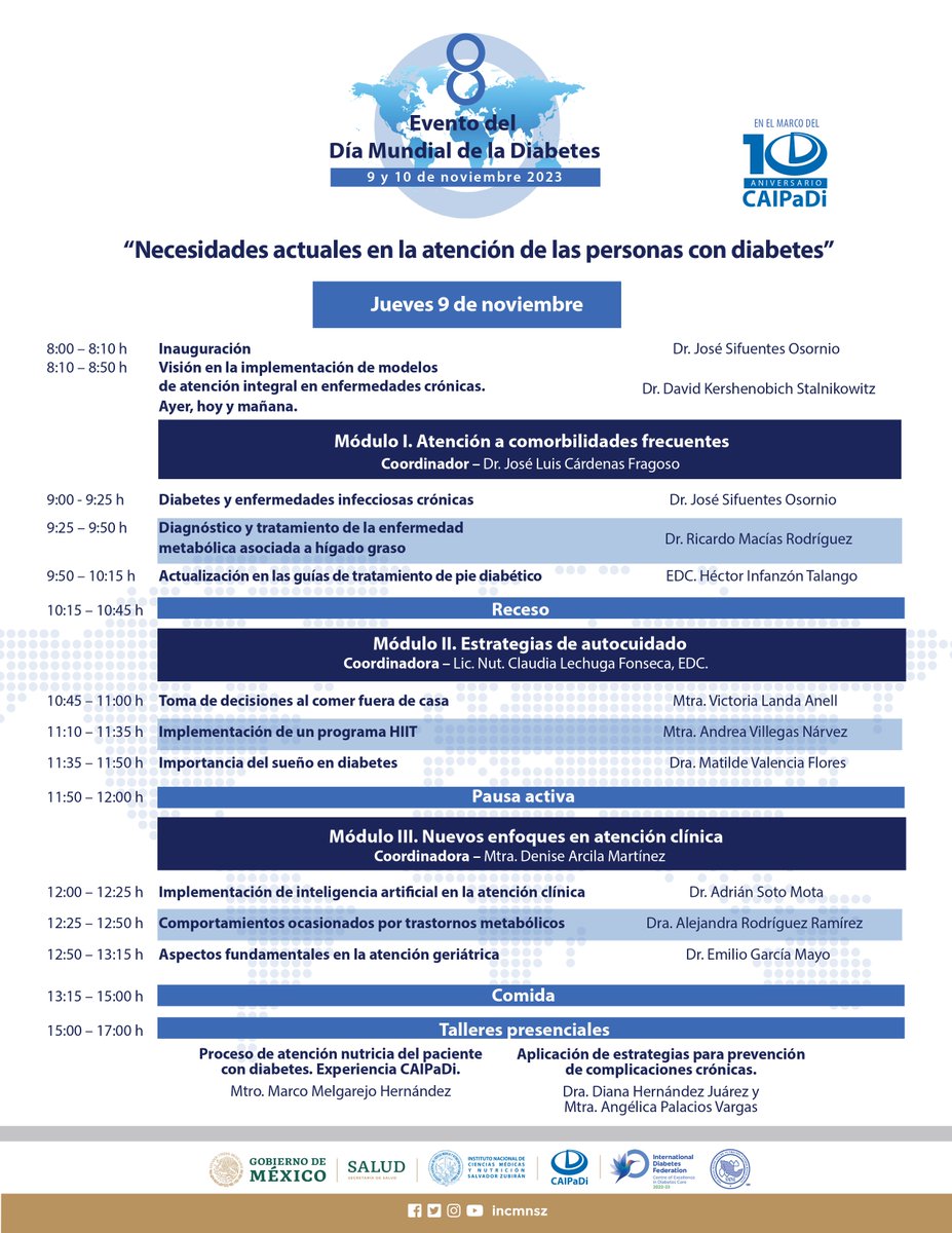 incmnszmx's tweet photo. Conoce programa académico del 8o. Evento Conmemorativo del Día Mundial de la Diabetes #CAIPaDi #INCMNSZ
9 y 10 de nov
Presencial y virtual
Descarga el programa:
https://t.co/Ahts6XEae5
Más información:
54 87 09 00 Ext 5045
55 73 73 78
redcaipadi@gmail.com
L - V de 8:00 a 19:00 h. https://t.co/AbyAH4gzY2