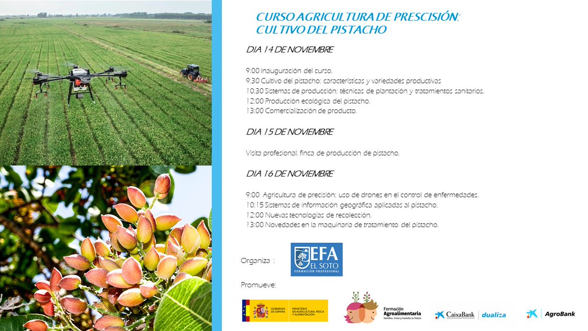 Jornadas de 3 días (14 a 16 de nov) donde contaremos con especialistas en el sector que tratarán temas relacionados con producción, comercialización o las nuevas tecnologías aplicadas, además de una visita técnica a una finca  relacionada con el sector <a href="/CABK_Dualiza/">CaixaBank Dualiza</a> <a href="/efaelsoto/">EFA El Soto</a>