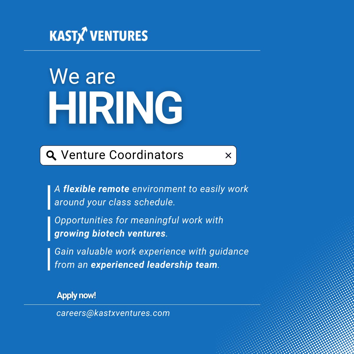 Attention Alberta BComm students: we are hiring for two new Venture Coordinators for a 4-month position throughout the winter semester!

Learn more: zurl.co/tKou 

👉 Send applications to careers@kastxventures.com

#hiring #internship #businesscoop #studentjobs