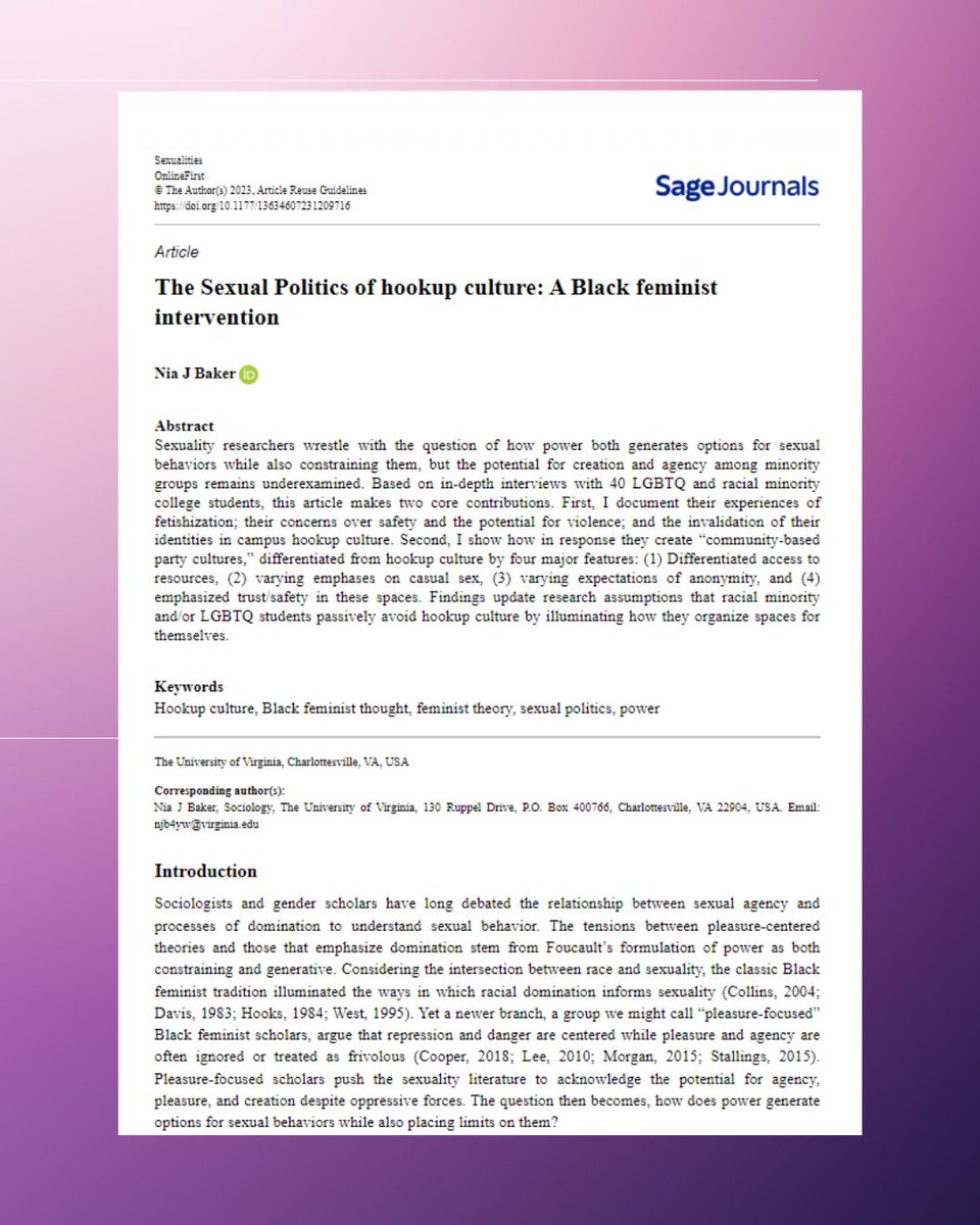 NiaJayBaker's tweet photo. Thrilled to announce my *first* published article! The Sexual Politics of hookup culture: A Black feminist intervention, can be found at https://t.co/EUSbyJtxT9 
@Sexualities1 #Sexualities @SageSociology
