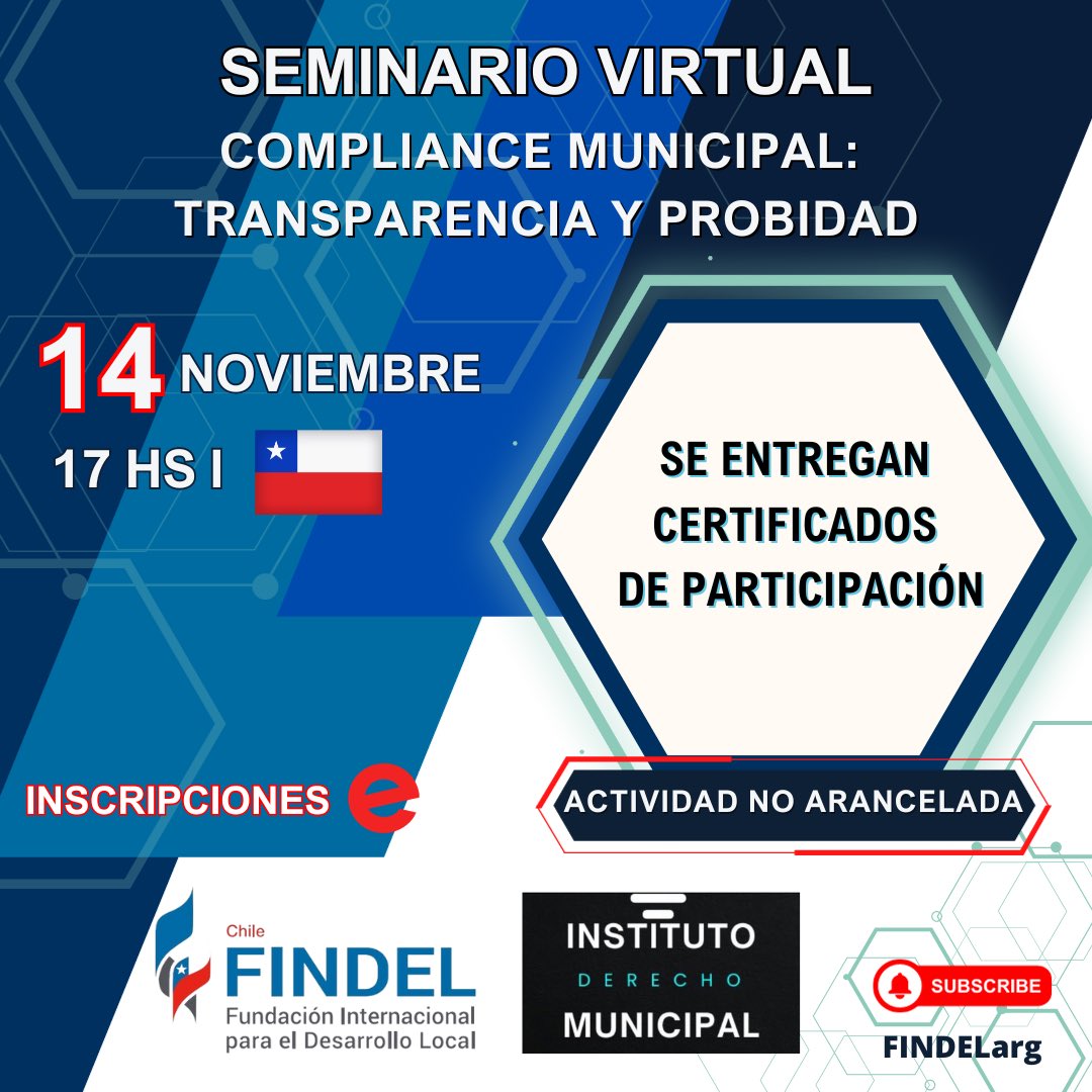 ‼️ Estás a tiempo de inscribirte y participar en el próximo #seminariovirtual

“Compliance Municipal: Transparencia y Probidad”

Cuándo❓
🗓️ Martes 14/11
⏰ 17hs 🇨🇱

Inscríbete 👇🏻
eventbrite.com.ar/e/compliance-m…