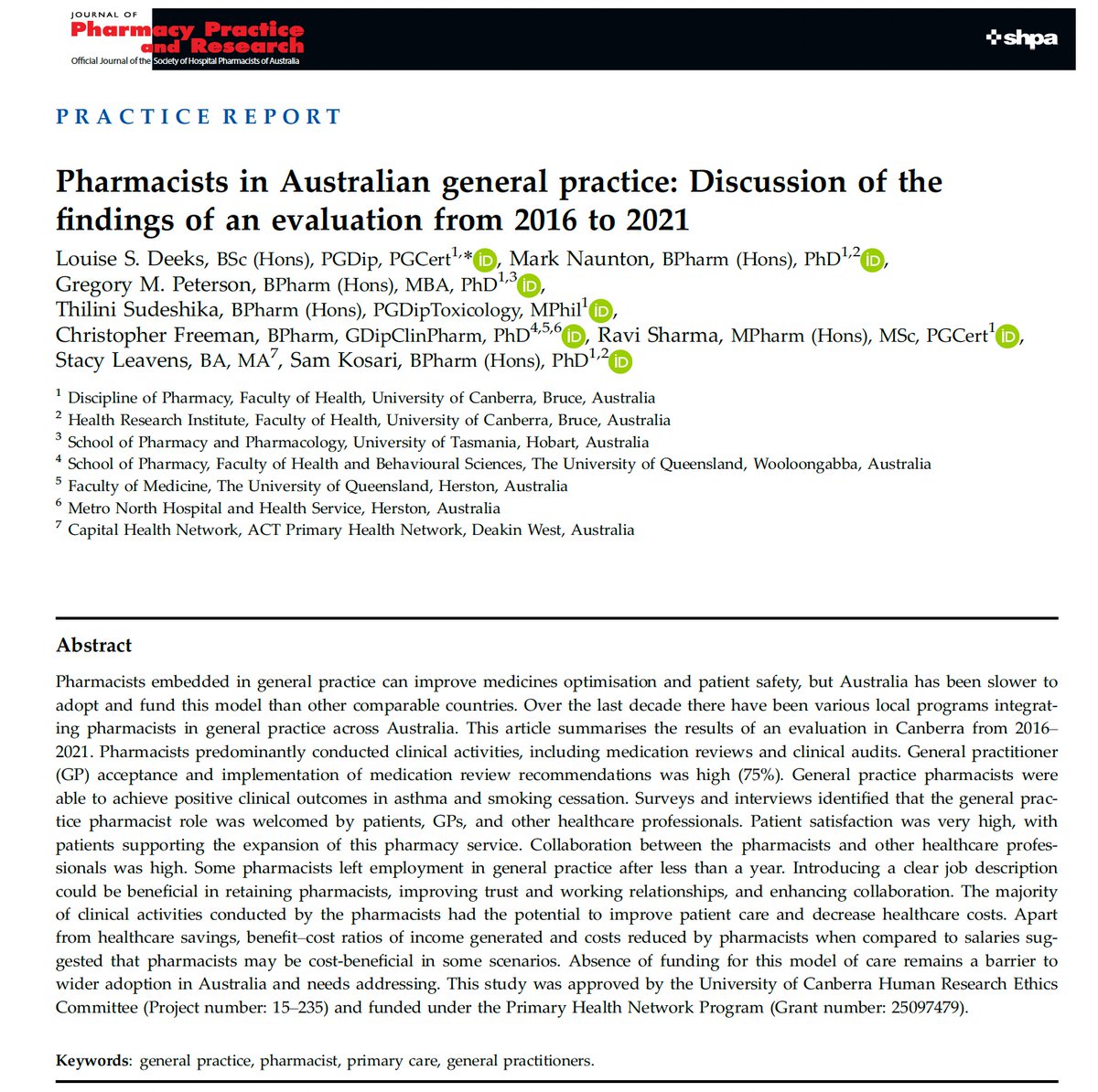 Just published: discussion about findings from our evaluation into #Pharmacists in #generalpractice in #Canberra See paper in #JPPR onlinelibrary.wiley.com/doi/10.1002/jp… @MarkNaunton @TSudeshika @RSharmaPharma @gregorymark31 @CapitalHealthNw @SamKosari @topherfreeman @UniCanberra @the_shpa