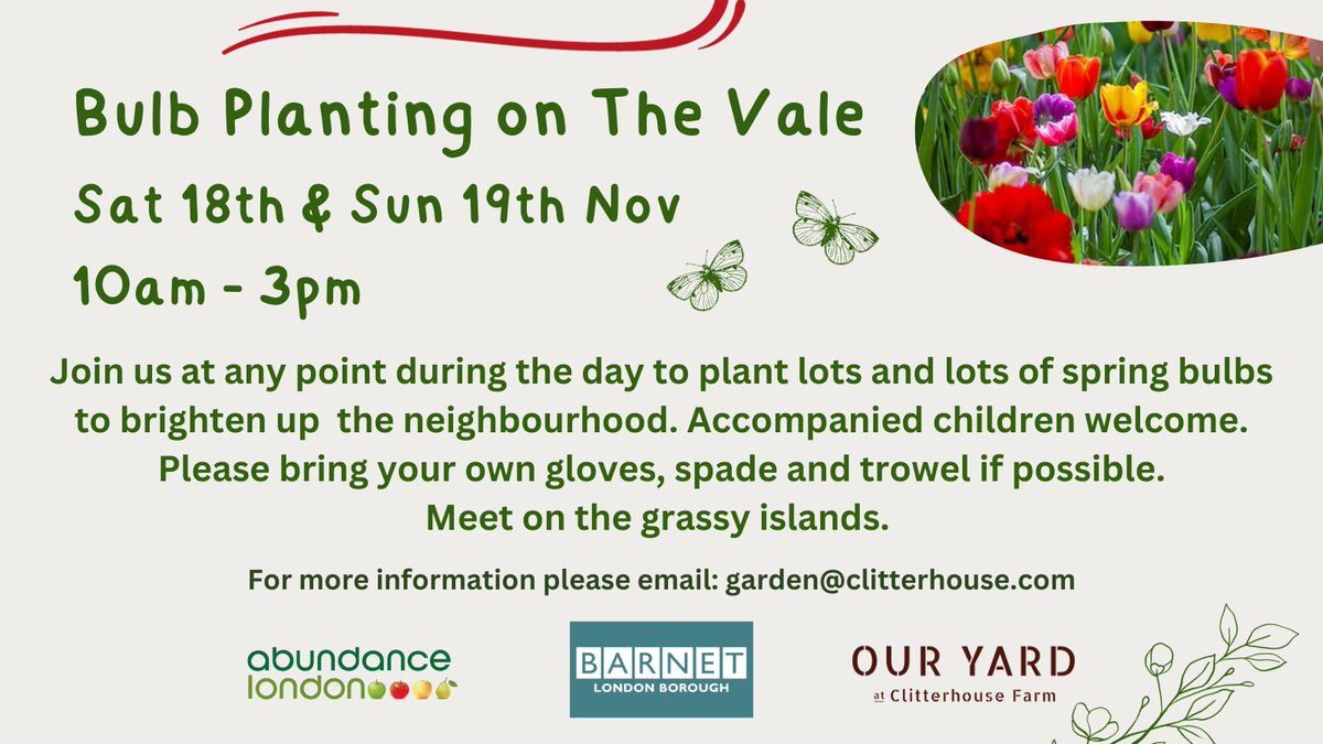 Volunteers needed! 🌿🌷🦋
Help us plant thousands of spring bulbs on the grassy islands on The Vale to brighten up the neighbourhood and to enhance biodiversity. No matter the weather, we'll be there from 10am 💪💪💪 Looking forward to seeing you!