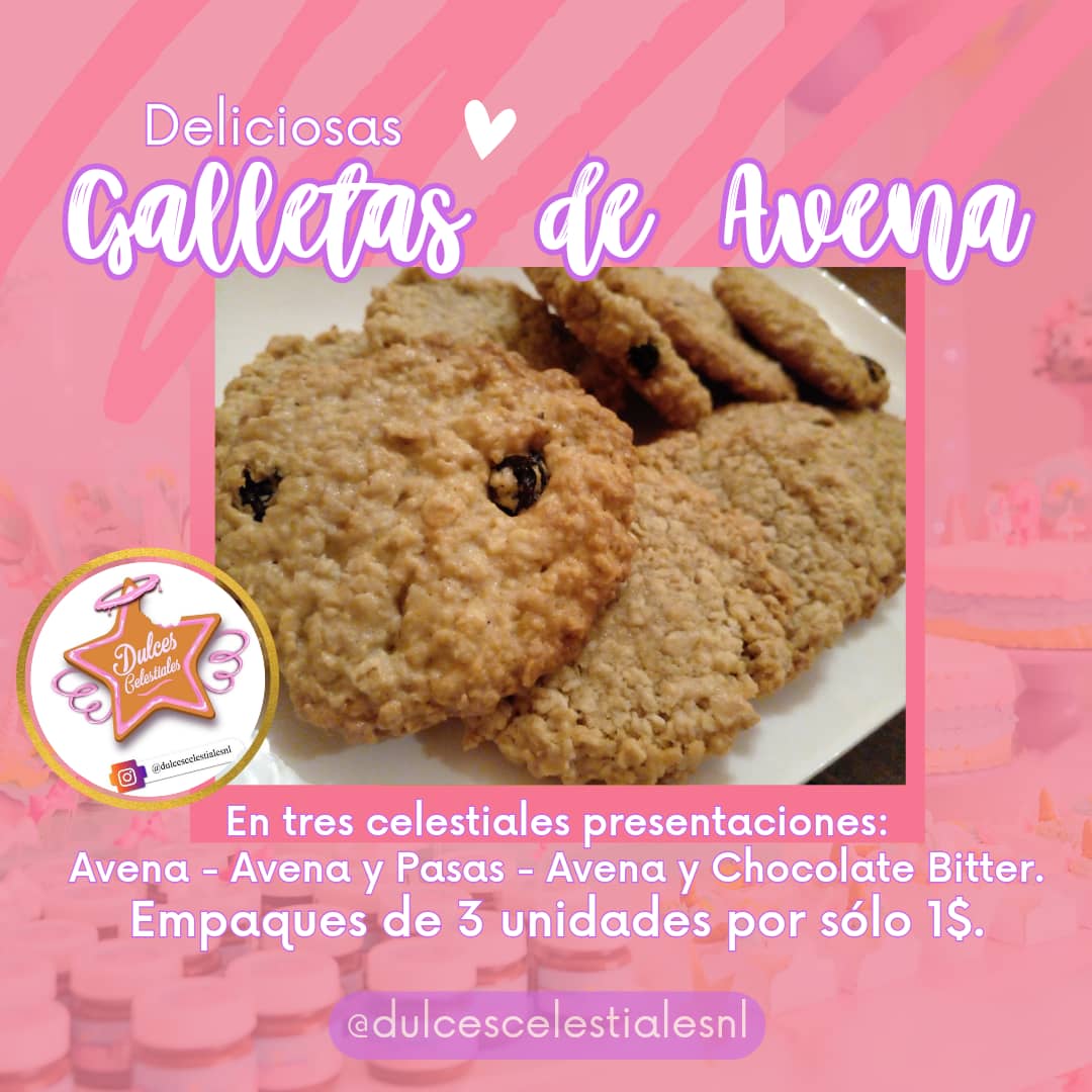 Y ya están disponibles nuestras deliciosas galletas de Avena en sus 3 presentaciones:🎉🎉🎉🥰🥰🥰 - Avena - Avena y Pasitas - Avena y Chispas de Chocolate El Paquete de 3 por tan sólo 1$..💵💵 Nota: Son Adictivas.. Divinas.. 😋😋😋😋 Delivery a toda Caracas