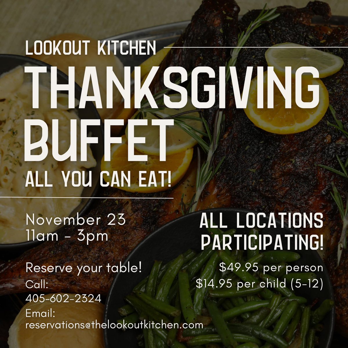 OklahomaParks's tweet photo. Thanksgiving Buffet returns to our state parks at The Lookout Kitchen! 
Seating is limited, so call or email those reservations today. 

#OKStateParks #TheLookoutKitchen https://t.co/UQmscADGFk