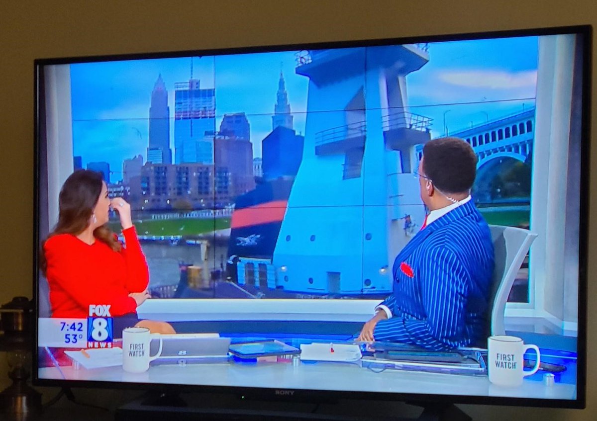 Looks like we photo bombed the morning newscast on @Fox8 yesterday! That's our 700-foot ATB Dorothy Ann-Pathfinder on her way up the Cuyahoga River with over 20,000 tons of iron ore for Cleveland-Cliffs steel mill. #greatlakes #greatcareers #essentialcargoes #shippingmatters