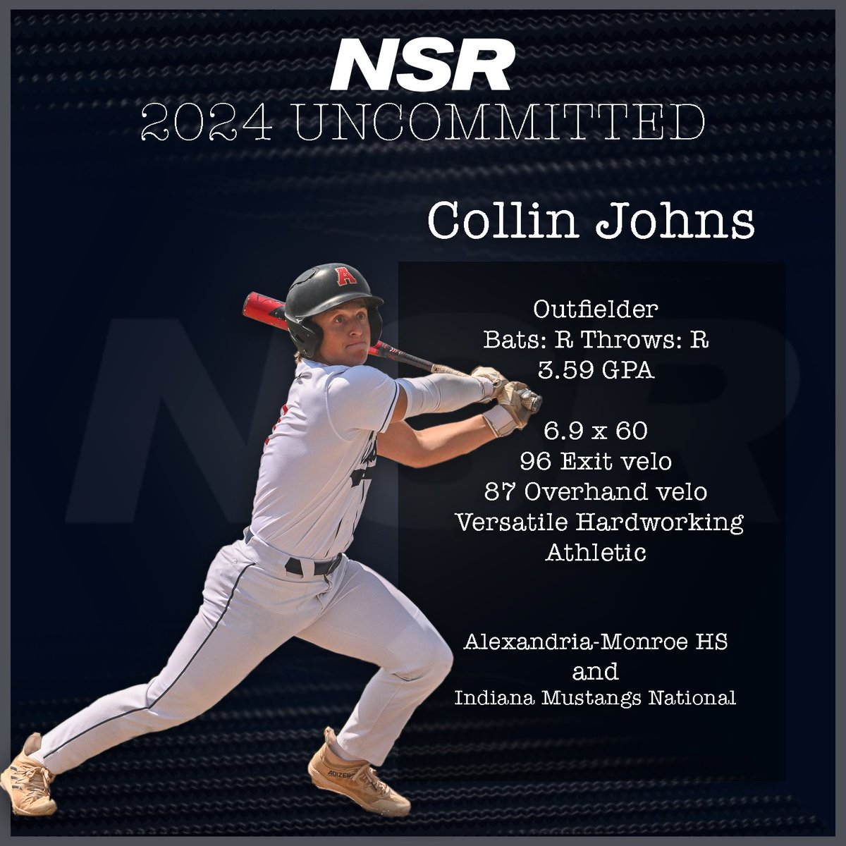 NSR Indiana Scouting (@indianansr) on Twitter photo 🚨⚾️NSR Indiana Uncommitted 2024 Spotlight⚾️🚨
Collin Johns <a href="/collinjohnss5/">Collin Johns</a>
2024 <a href="/AlexTigersBBall/">Alexandria Baseball</a> & <a href="/INMustangs2024/">Indiana Mustangs National 17U - Martin</a>
CF/OF/IF
<a href="/1MustangsNation/">Indiana Mustangs</a> <a href="/RoundTripperAca/">RoundTripper Academy</a> <a href="/NSRmidwest/">NSR Midwest - IN, OH, MI</a>
Collin’s NSR Profile:
evo.nsr-inc.com/prospect_detai…
#uncommitted #classof2024 #baseball #uncommitted2024 🚨⚾️NSR Indiana Uncommitted 2024 Spotlight⚾️🚨
Collin Johns <a href="/collinjohnss5/">Collin Johns</a>
2024 <a href="/AlexTigersBBall/">Alexandria Baseball</a> & <a href="/INMustangs2024/">Indiana Mustangs National 17U - Martin</a>
CF/OF/IF
<a href="/1MustangsNation/">Indiana Mustangs</a> <a href="/RoundTripperAca/">RoundTripper Academy</a> <a href="/NSRmidwest/">NSR Midwest - IN, OH, MI</a>
Collin’s NSR Profile:
evo.nsr-inc.com/prospect_detai…
#uncommitted #classof2024 #baseball #uncommitted2024