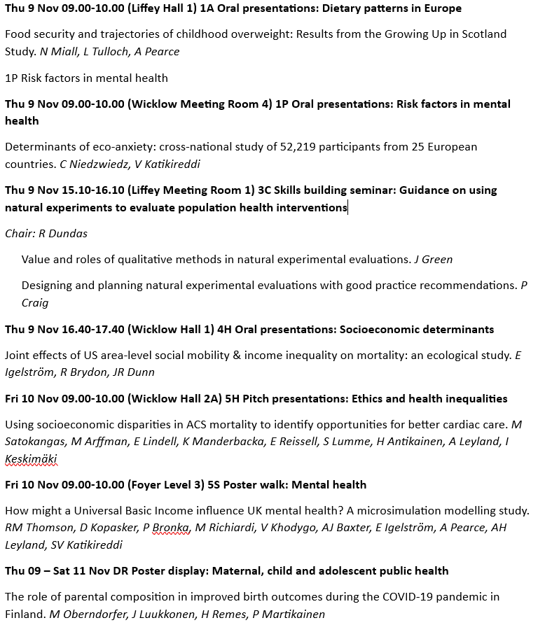 AlastairLeyland's tweet photo. A list of activities of @SPHSU_ineq at #EPH2023
Join any of these great sessions to find out about our #HealthInequalities research
@theSPHSU @EPHconference https://t.co/5UeDNb1Poh