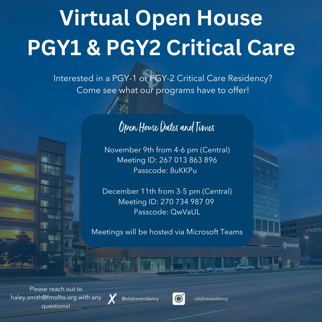 📣pharmacy residency applicants📣
Interested in pharmacy residency at Our Lady of the Lake Regional Medical Center? Join us for one of our virtual open house events, starting in November. Email haley.smith@fmolhs.org with any questions#pharmres #rxmatch #PGY1 #PGY2 #twitterrx