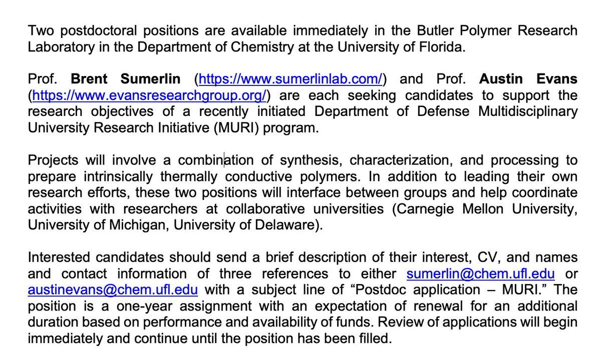Brent Sumerlin (@brent_sumerlin) on Twitter photo Two postdoc positions in polymer/materials chemistry are available immediately in the groups of <a href="/Brent_Sumerlin/">Brent Sumerlin</a> and <a href="/AustinMEvans/">Austin Evans</a> in <a href="/UFChemistry/">UF Chemistry</a>. <a href="/LowDispersity/">Sumerlin Research Group</a> <a href="/ERG_Chem/">Evans Research Group</a> Two postdoc positions in polymer/materials chemistry are available immediately in the groups of <a href="/Brent_Sumerlin/">Brent Sumerlin</a> and <a href="/AustinMEvans/">Austin Evans</a> in <a href="/UFChemistry/">UF Chemistry</a>. <a href="/LowDispersity/">Sumerlin Research Group</a> <a href="/ERG_Chem/">Evans Research Group</a>