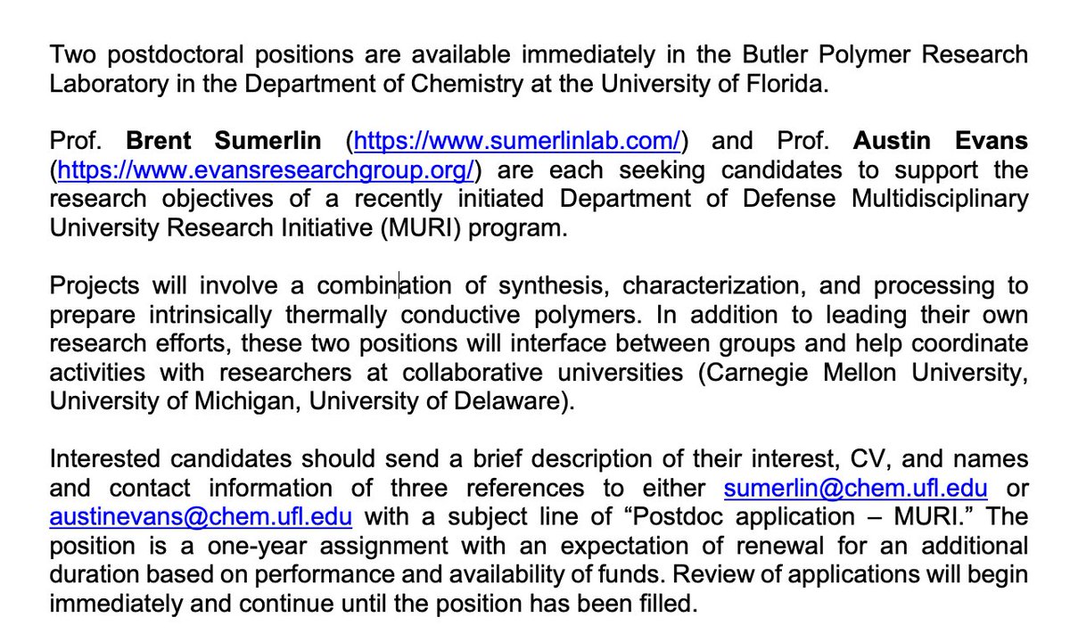 Two postdoc positions in polymer/materials chemistry are available immediately in the groups of @Brent_Sumerlin and @AustinMEvans in @UFChemistry. @LowDispersity @ERG_Chem