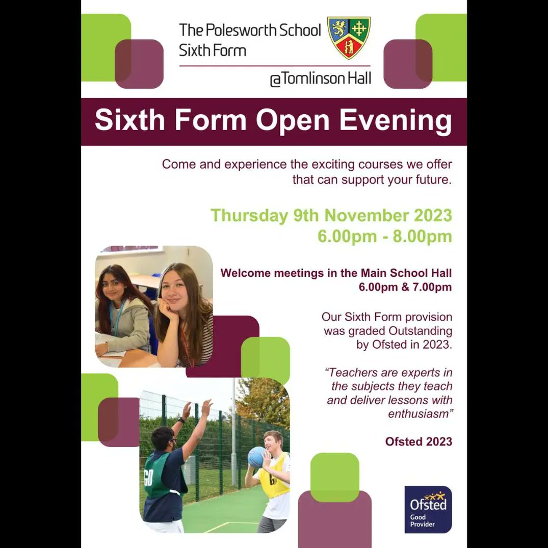 PolesworthSchl's tweet image. Join us tomorrow for our Sixth Form Open Evening! 

Information regarding the event can be seen below 👇

#thepolesworthschool #polesworth #openevening2023