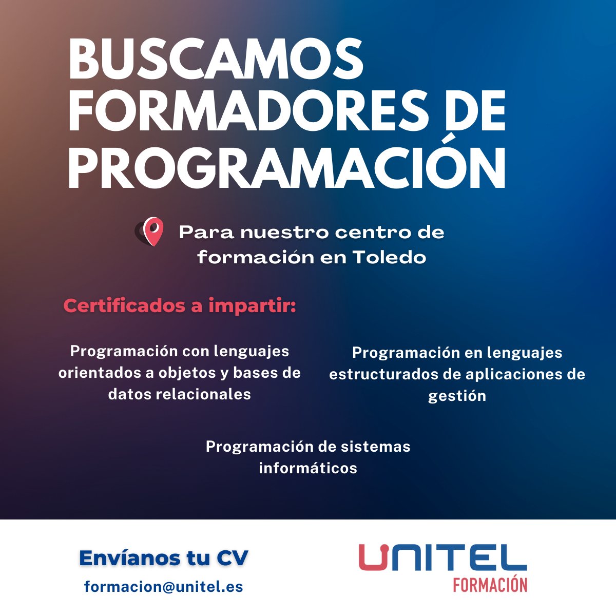 UnitelFormacion's tweet image. ¡BUSCAMOS FORMADORES! 👩‍🏫🧑‍🏫

Has oído bien, buscamos formadores de #programacion  para nuestro centro de formación en #Toledo 👇👇
