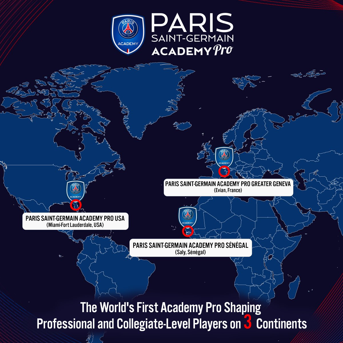 The Paris Saint-Germain Academy Pro Residency represents the pinnacle of premium football and academic preparation.⁠
⁠
Each of our three locations offers an elite environment for high-potential young athletes. 🇺🇸🔗🇸🇳🔗🇫🇷⁠
⁠